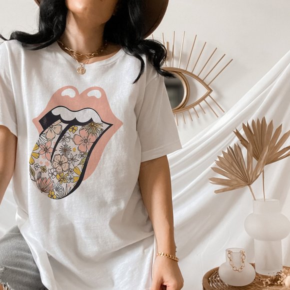 SimplyBeverly Tops - Women's Pink Floral Tongue Vintage Distressed Graphic Tee